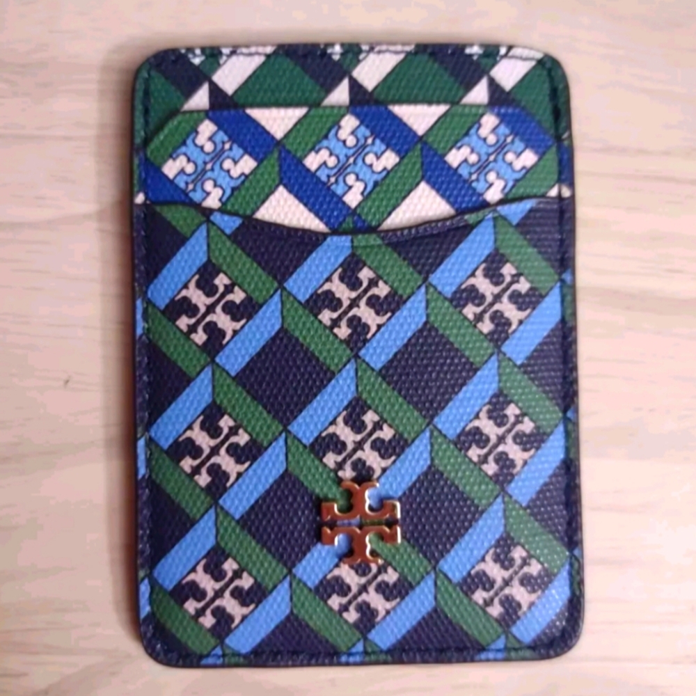 Tory Burch Geo Logo Gold Card Holder Color Block Navy Green Printed Leather
